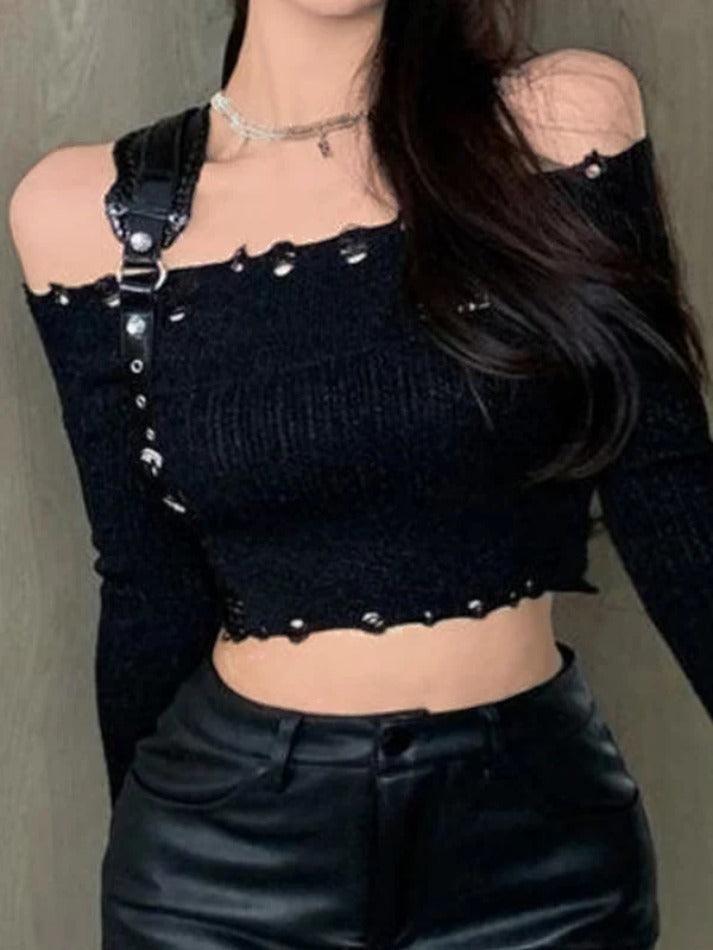 Solid Tattered Off Shoulder Long Sleeve Knit - AnotherChill