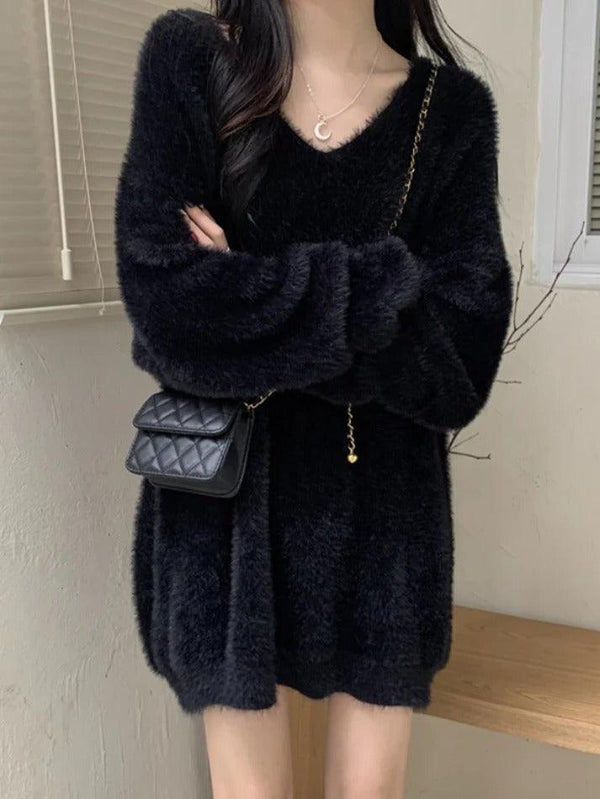 Solid V Neck Fuzzy Loose Sweater - AnotherChill
