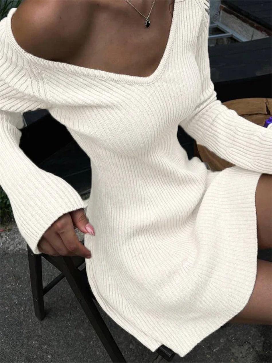 Solid V Neck Ribbed A-line Knit Mini Dress AnotherChill Solid V Neck Ribbed A-line Knit Mini Dress AnotherChill