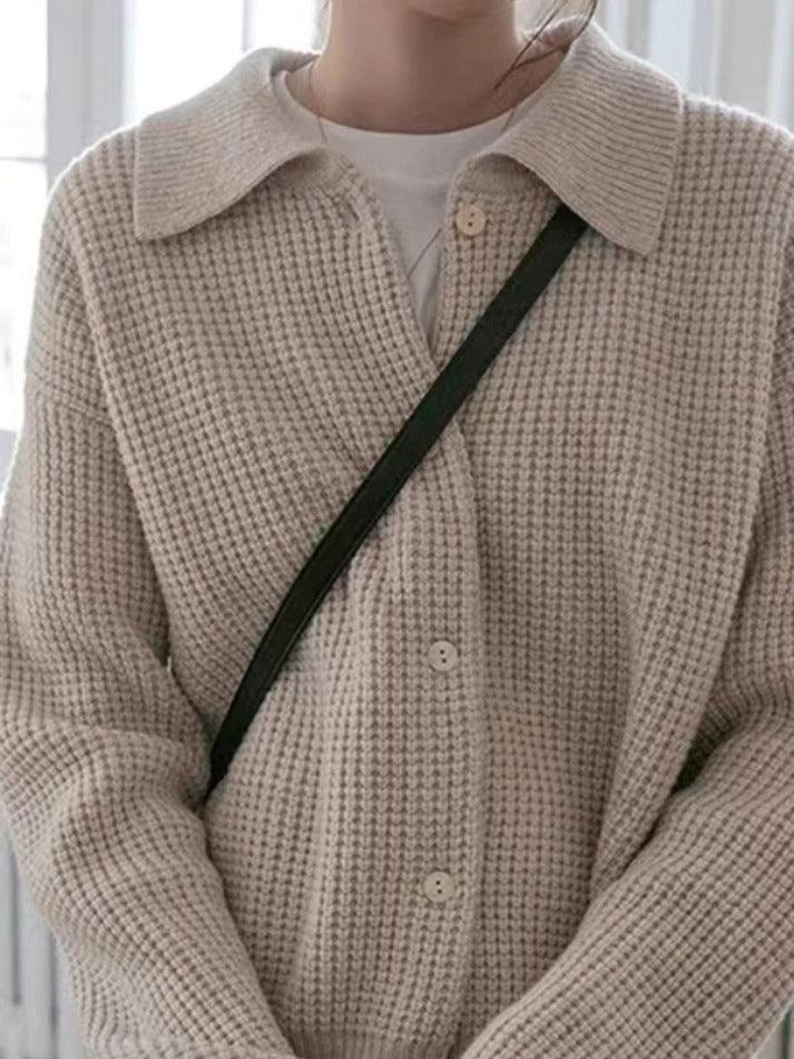 Solid Waffle Lapel Neck Cardigan - AnotherChill