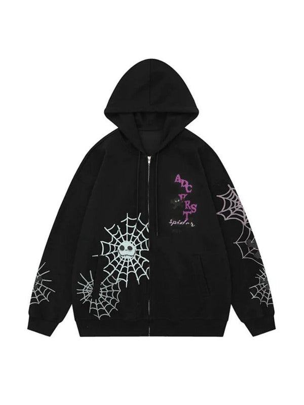 Spider Web Print Embellished Fleece Oversized Hoodie - AnotherChill