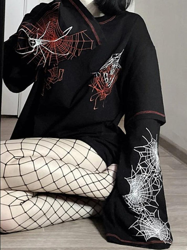 Spider Web Print Stitch Detail Oversized Long Sleeve Tee - AnotherChill
