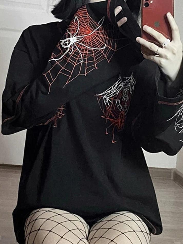 Spider Web Print Stitch Detail Oversized Long Sleeve Tee - AnotherChill