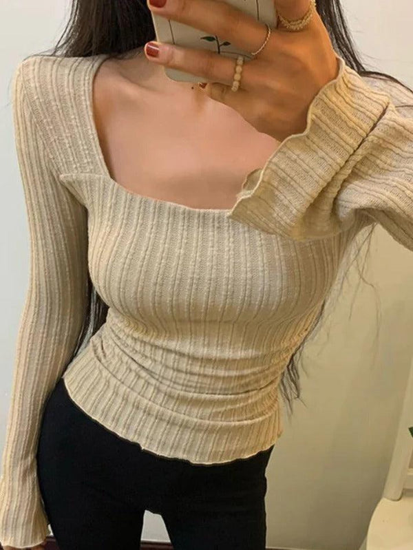 Square Neck Flare Sleeve Slim Knit - AnotherChill