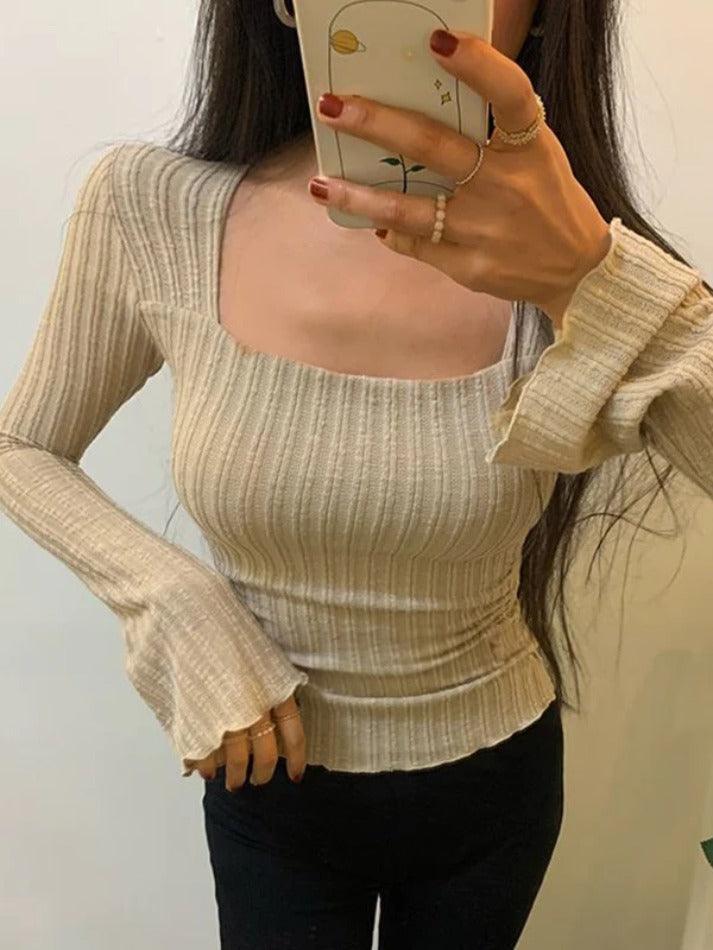 2024 Square Neck Flare Sleeve Slim Knit Beige S in Tops&Tees Online ...