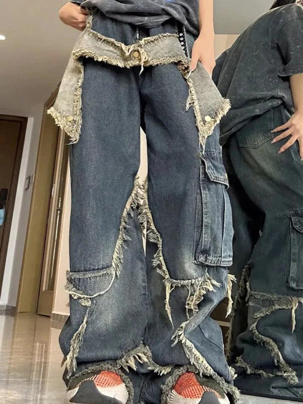 Street Frayed Patch Splice Mopping Boyfriend Jeans - AnotherChill