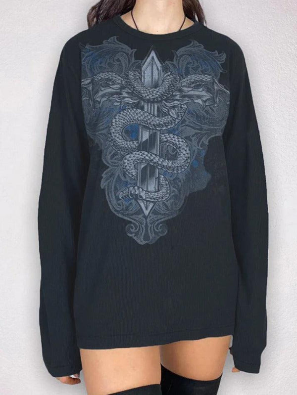 Street Snake Print Oversized Long Sleeve Tee - AnotherChill