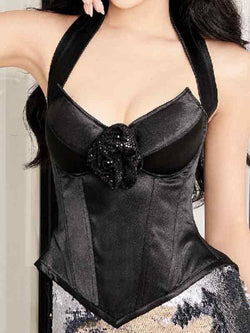 Three-dimensional Flower Decor V Neck Halter Corset Top - AnotherChill