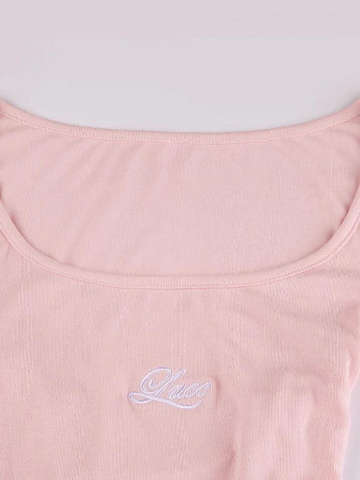 Tie Back Letter Embroidered Print Long Sleeve Tee - AnotherChill