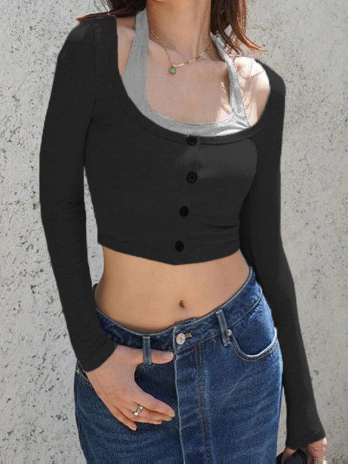 U Neck Halter Slim Crop Long Sleeve Tee - AnotherChill