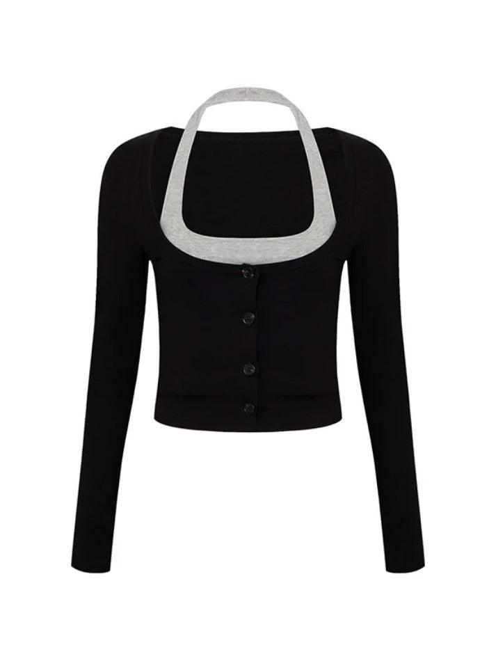 U Neck Halter Slim Crop Long Sleeve Tee - AnotherChill