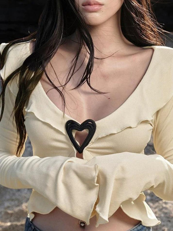 V Neck Fungus Heart Button Long Sleeve Knit - AnotherChill