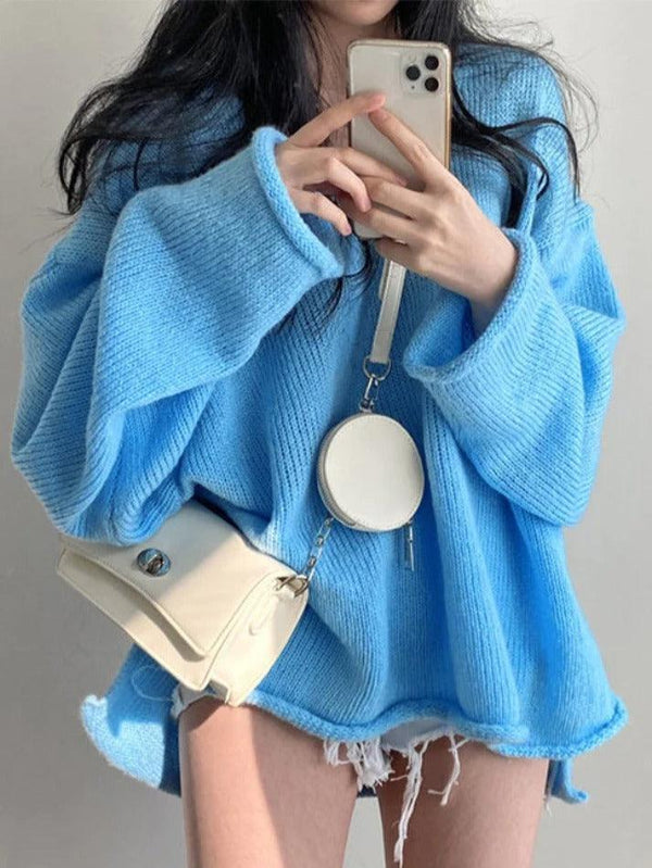 V Neck Rolled Hem Loose Sweater - AnotherChill