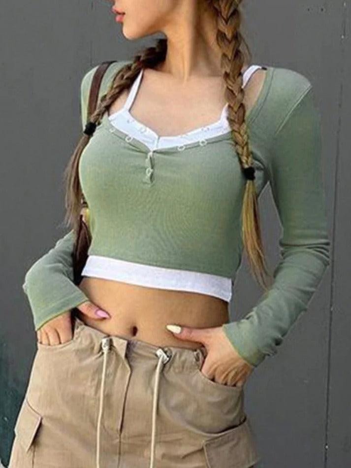 V Neck Snap Button Cami Smock Long Sleeve Knit - AnotherChill