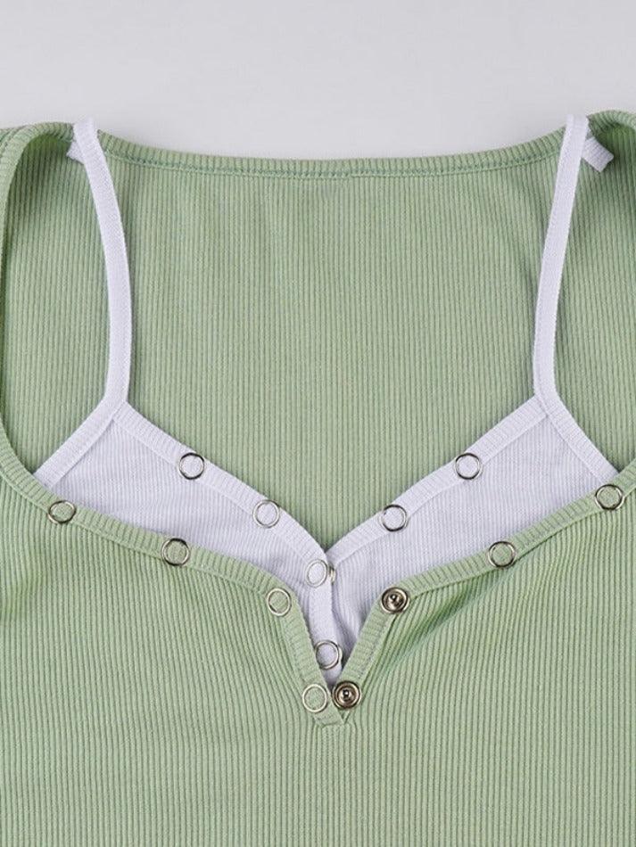 V Neck Snap Button Cami Smock Long Sleeve Knit - AnotherChill