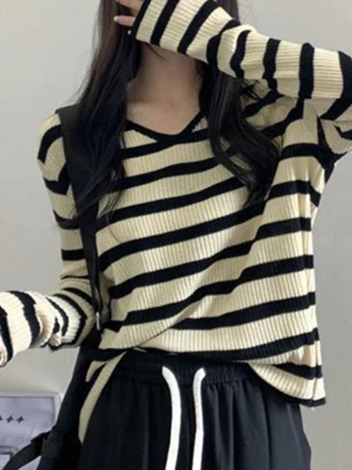 V Neck Stripe Long Sleeve Knit - AnotherChill