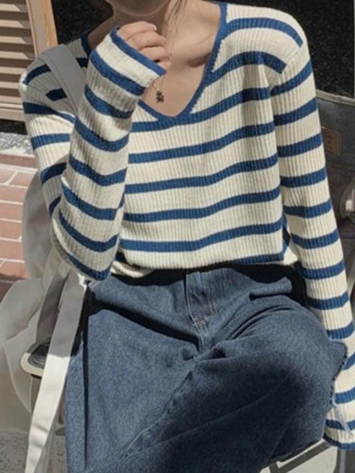V Neck Stripe Long Sleeve Knit - AnotherChill