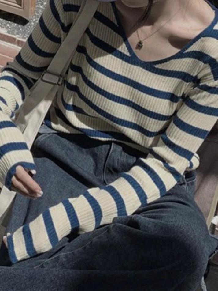 V Neck Stripe Long Sleeve Knit - AnotherChill