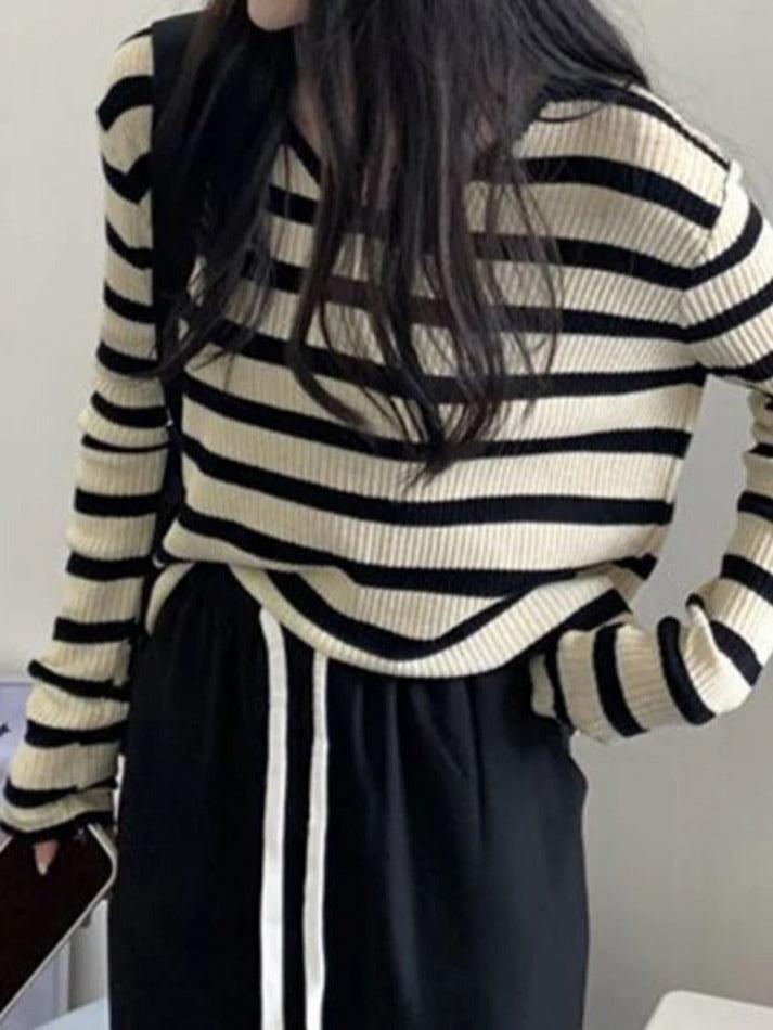 V Neck Stripe Long Sleeve Knit - AnotherChill