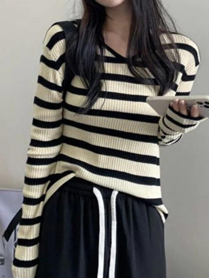 V Neck Stripe Long Sleeve Knit - AnotherChill