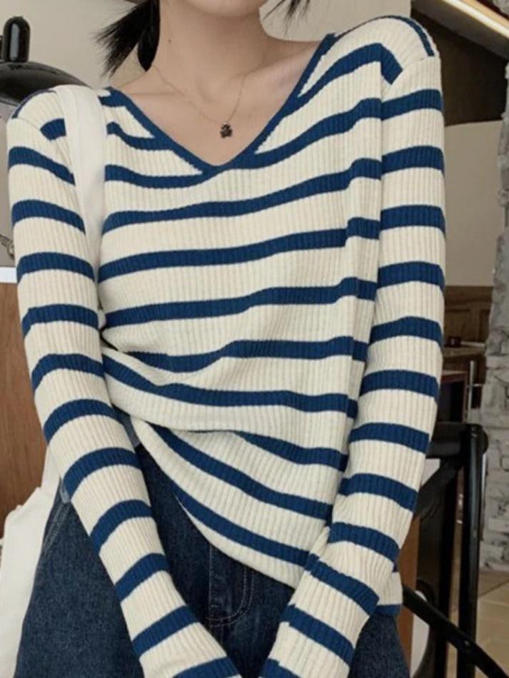 V Neck Stripe Long Sleeve Knit - AnotherChill