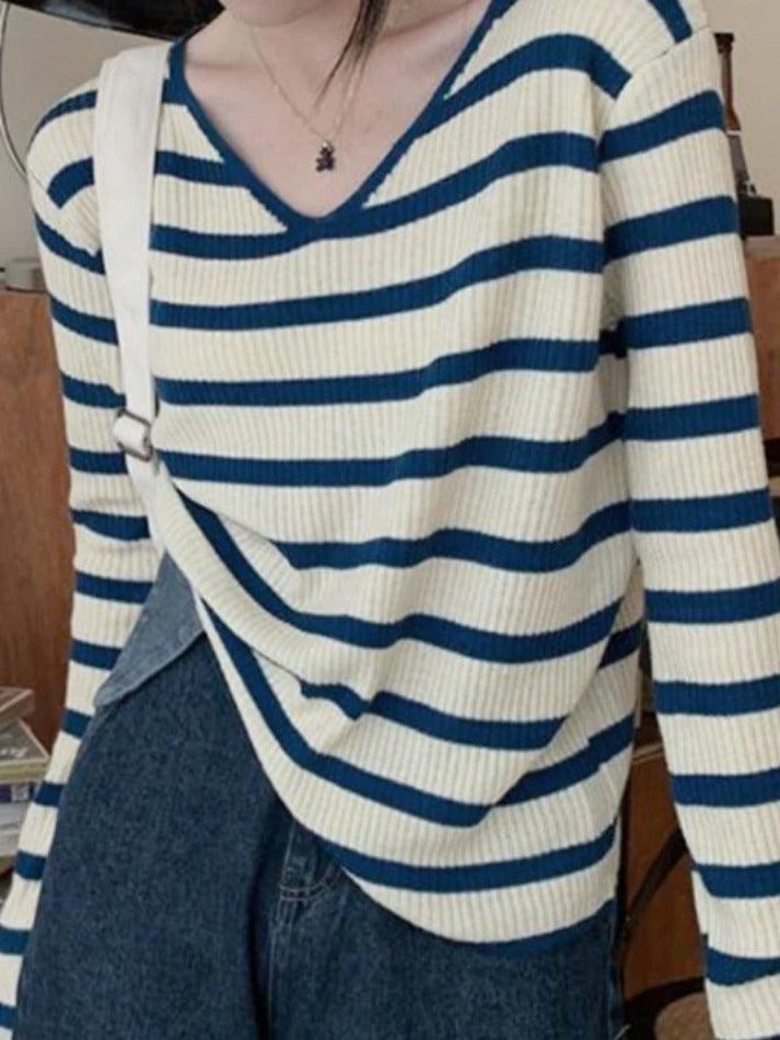 V Neck Stripe Long Sleeve Knit - AnotherChill