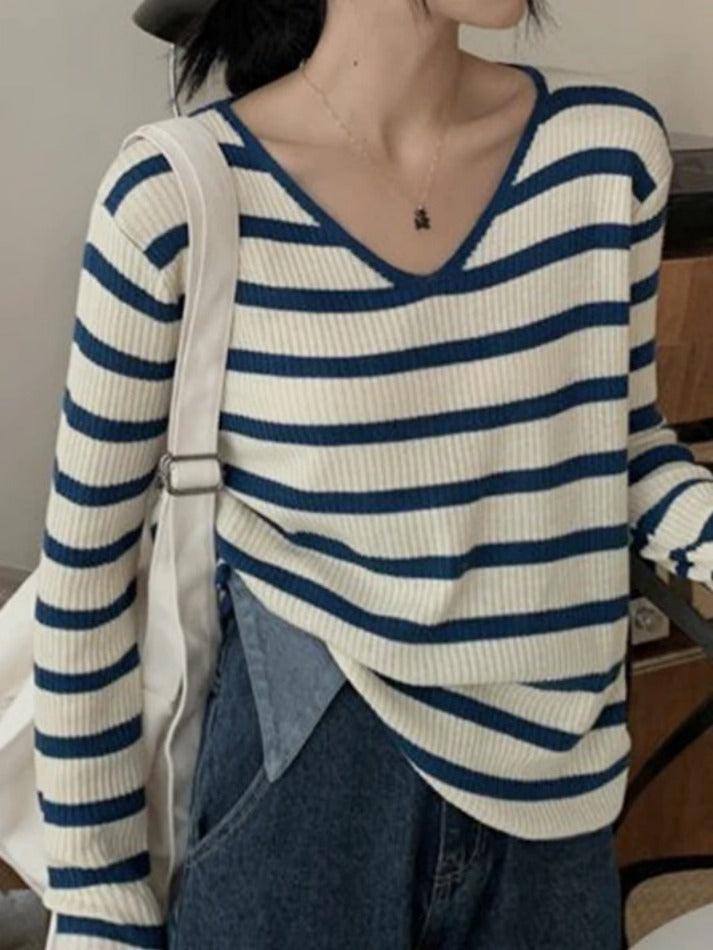 V Neck Stripe Long Sleeve Knit - AnotherChill