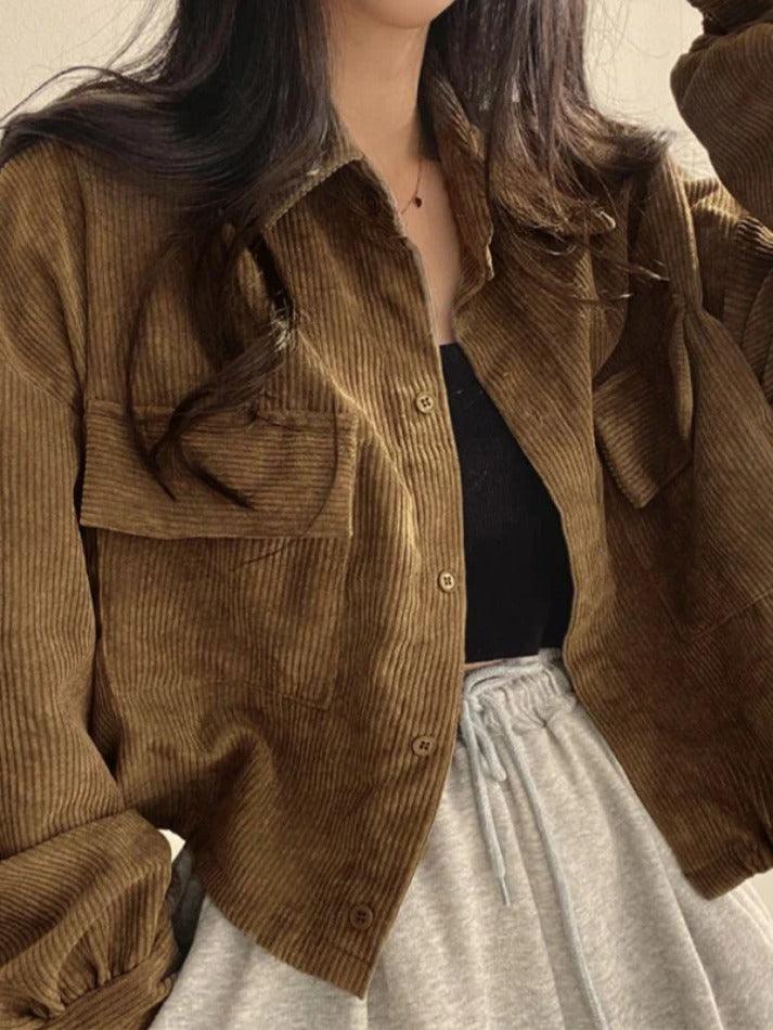 Vintage Corduroy Lapel Neck Button Long Sleeve Blouse - AnotherChill