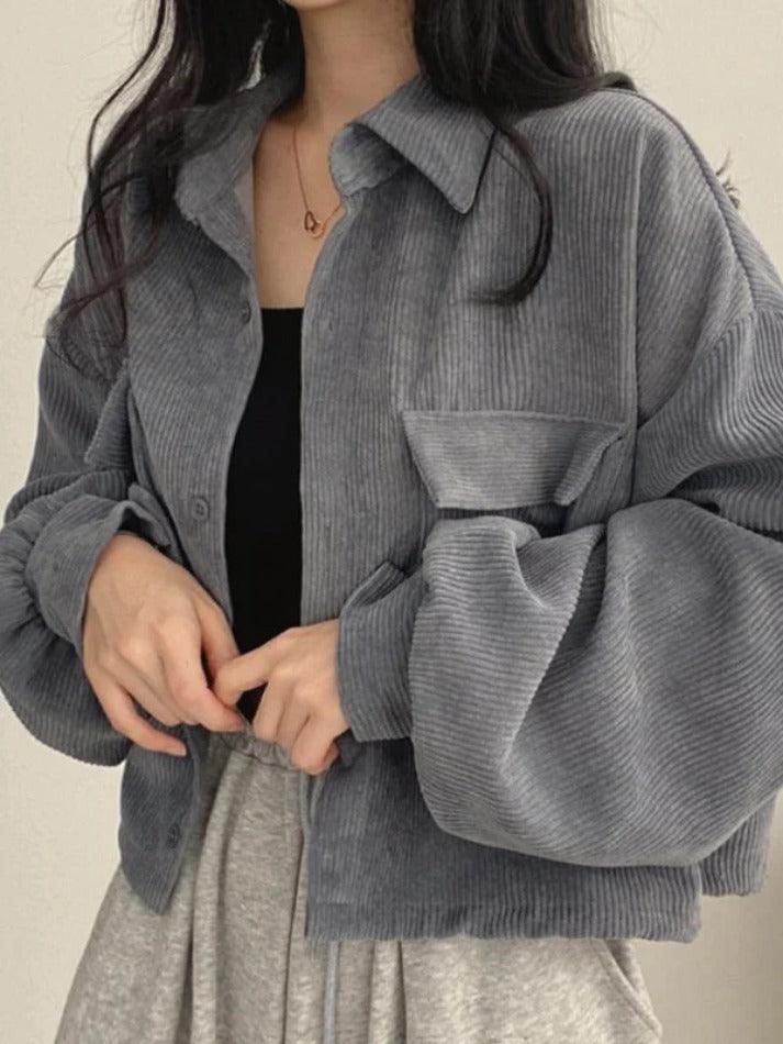 Vintage Corduroy Lapel Neck Button Long Sleeve Blouse - AnotherChill