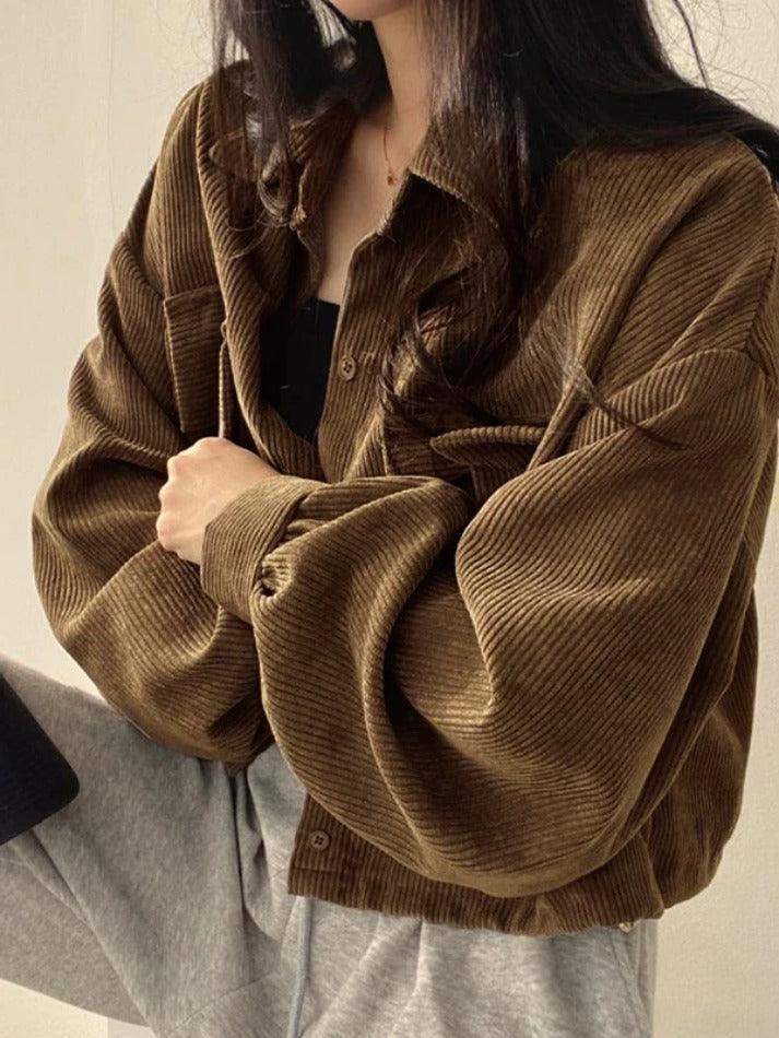 Vintage Corduroy Lapel Neck Button Long Sleeve Blouse - AnotherChill
