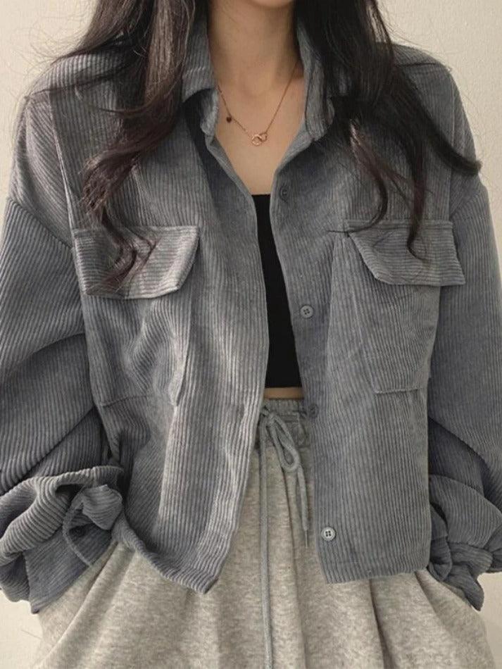 Vintage Corduroy Lapel Neck Button Long Sleeve Blouse - AnotherChill