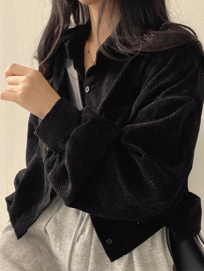 Vintage Corduroy Lapel Neck Button Long Sleeve Blouse - AnotherChill