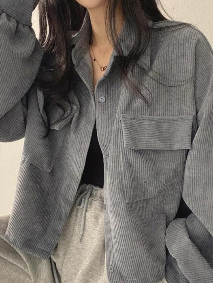 Vintage Corduroy Lapel Neck Button Long Sleeve Blouse - AnotherChill