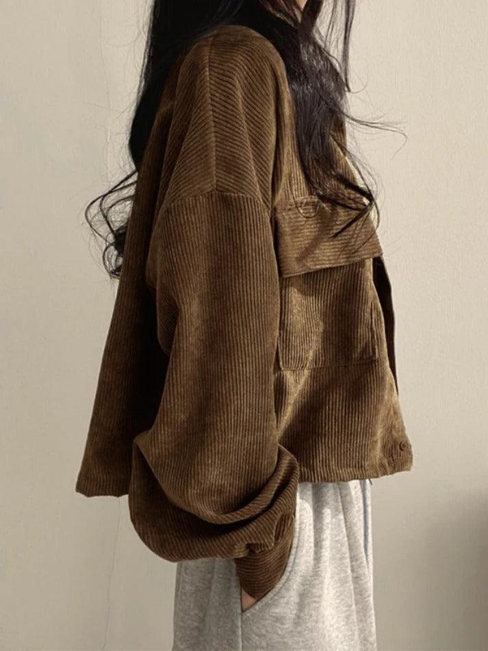 Vintage Corduroy Lapel Neck Button Long Sleeve Blouse - AnotherChill