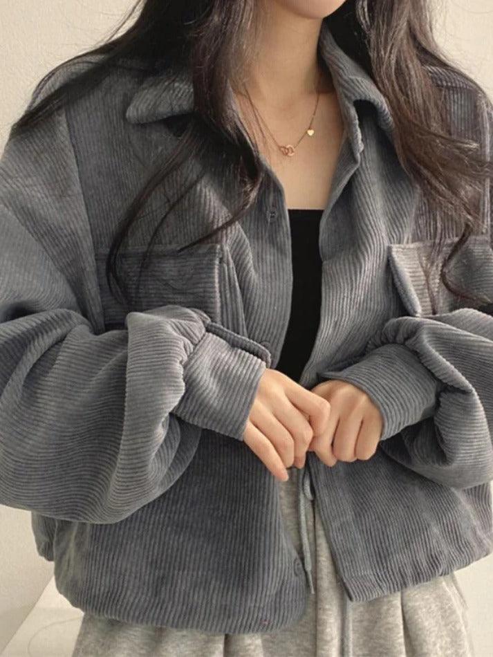 Vintage Corduroy Lapel Neck Button Long Sleeve Blouse - AnotherChill