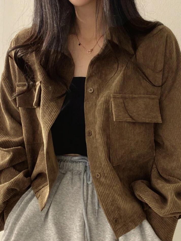 Vintage Corduroy Lapel Neck Button Long Sleeve Blouse - AnotherChill