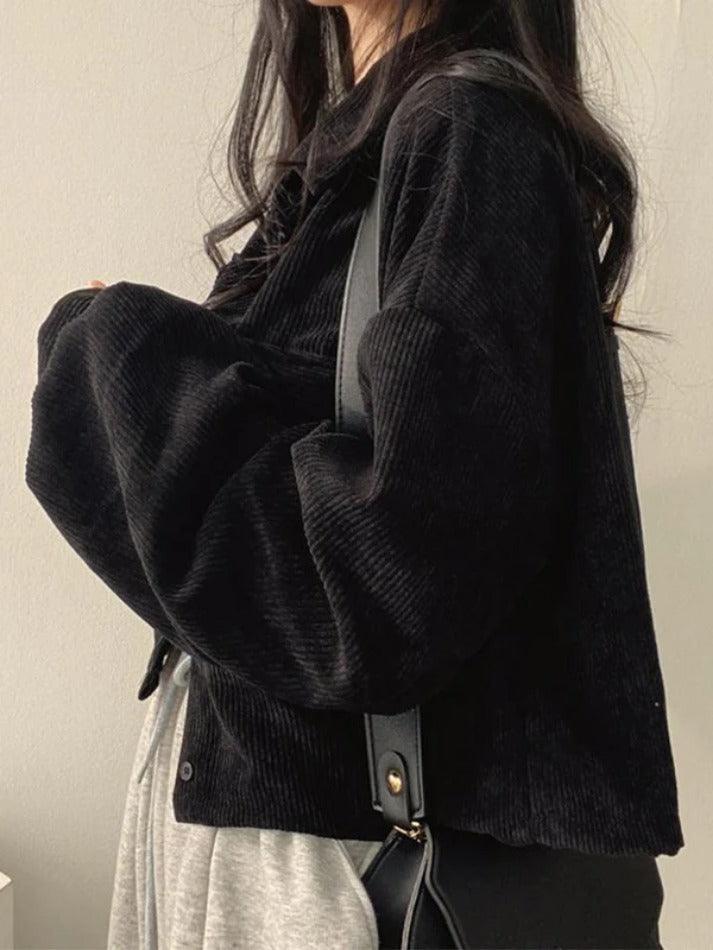 Vintage Corduroy Lapel Neck Button Long Sleeve Blouse - AnotherChill