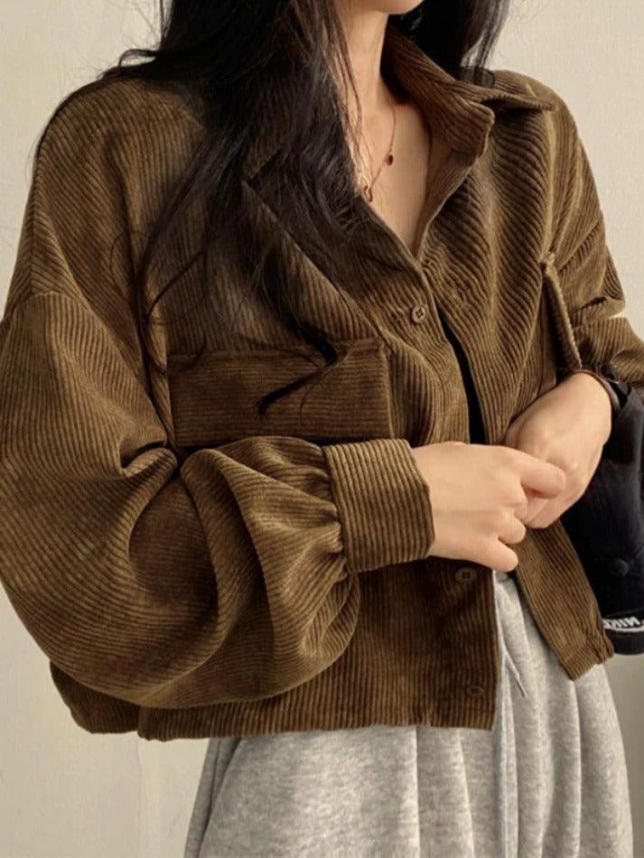 Vintage Corduroy Lapel Neck Button Long Sleeve Blouse - AnotherChill