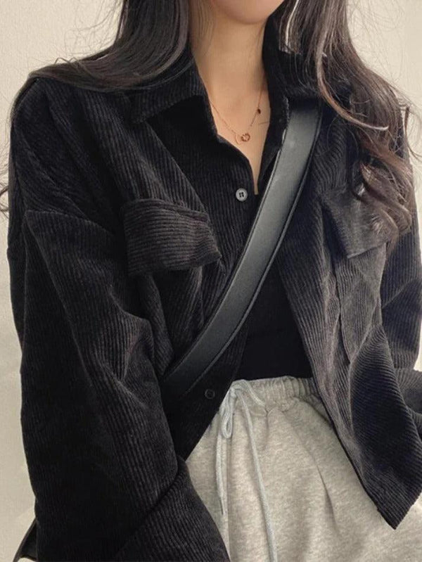 Vintage Corduroy Lapel Neck Button Long Sleeve Blouse - AnotherChill