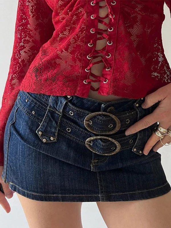 Vintage Denim Buckle Wrap Hip Mini Skirt - AnotherChill