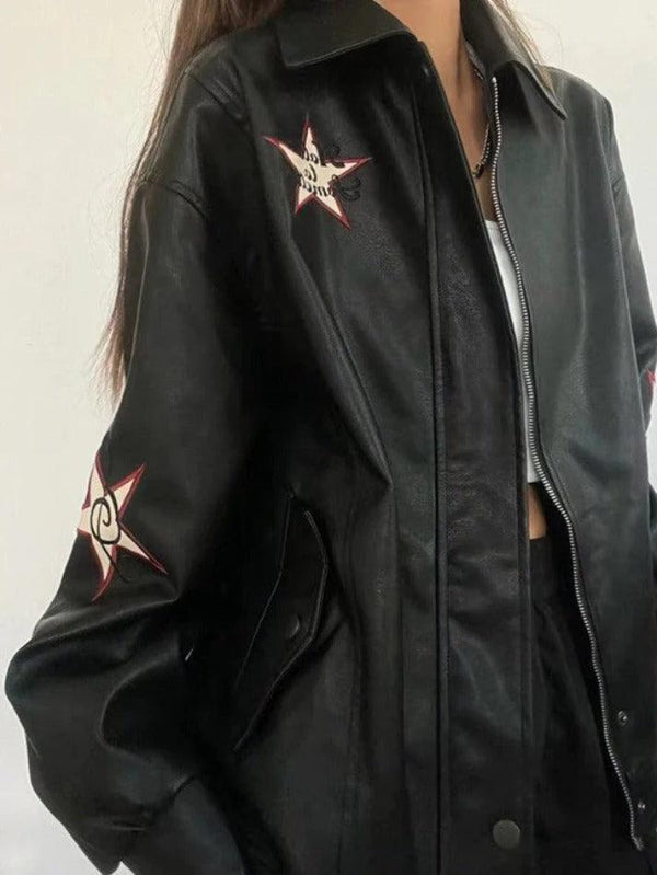 Vintage Embroidery Lapel Neck Leather Jacket - AnotherChill