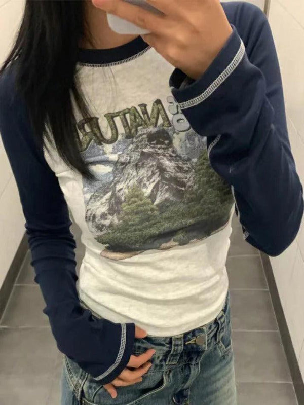 Vintage Print Stitch Detail Slim Long Sleeve Tee - AnotherChill