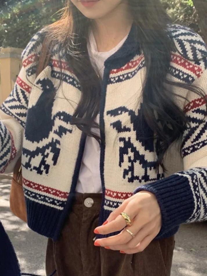 Vintage Print Zip Up Short Knit Cardigan - AnotherChill