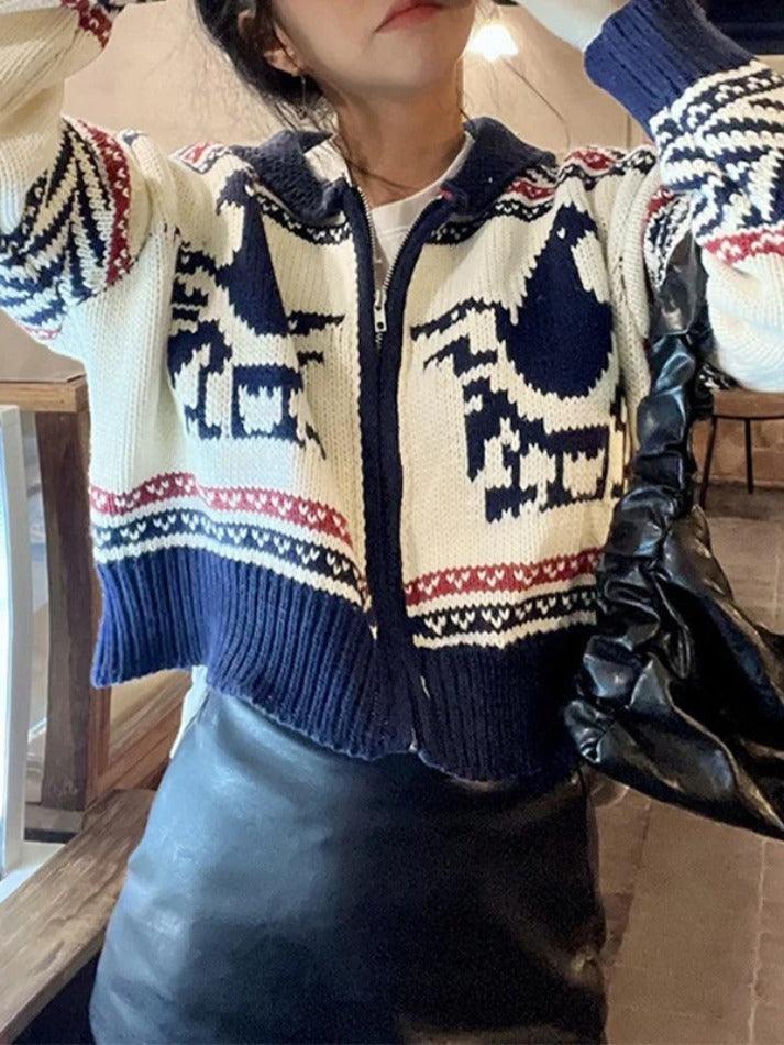 Vintage Print Zip Up Short Knit Cardigan - AnotherChill