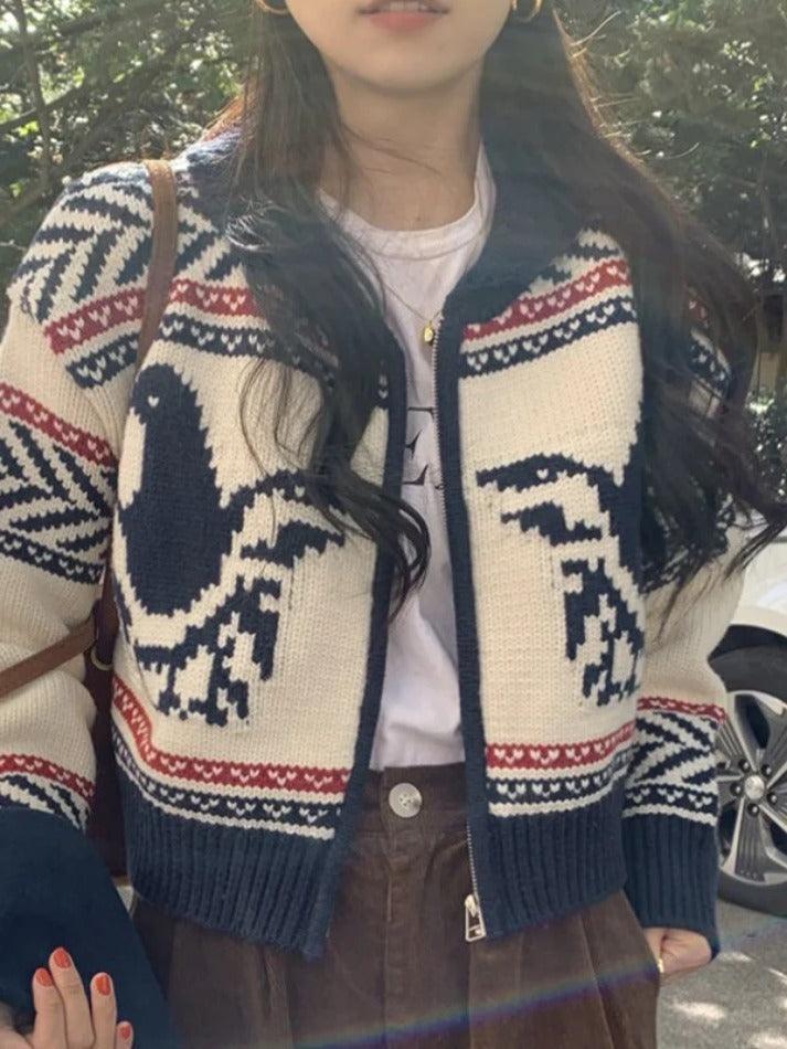 Vintage Print Zip Up Short Knit Cardigan - AnotherChill