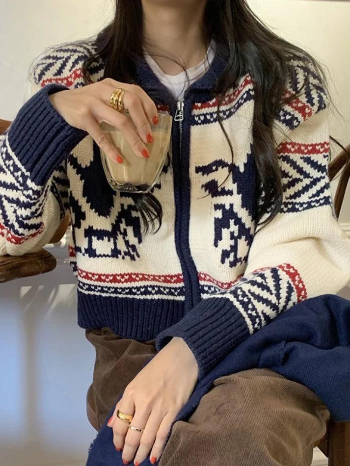 Vintage Print Zip Up Short Knit Cardigan - AnotherChill
