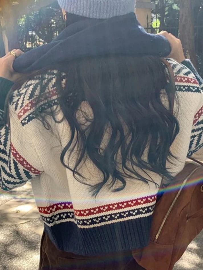 Vintage Print Zip Up Short Knit Cardigan - AnotherChill