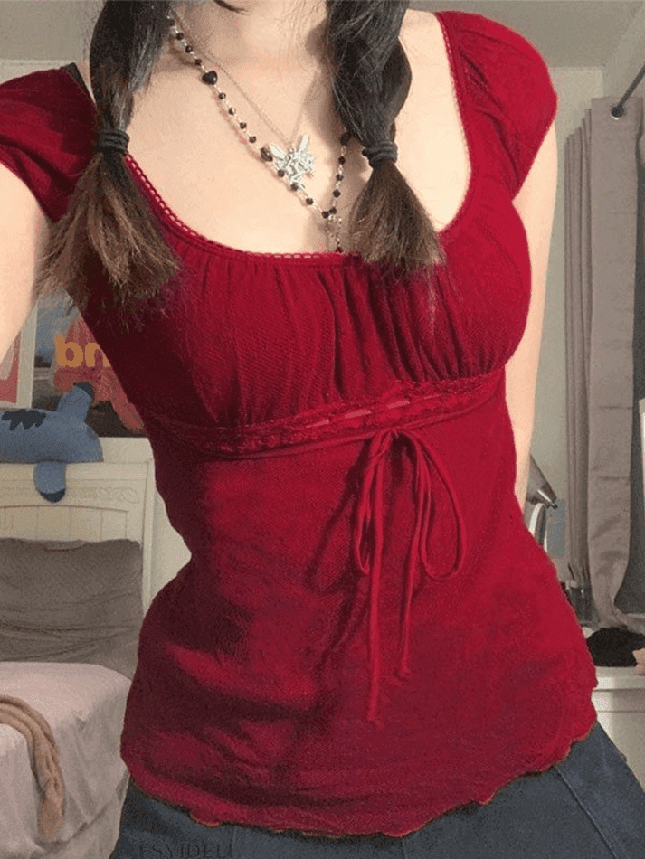 Vintage Tie Front Lace Trim Blouse - AnotherChill