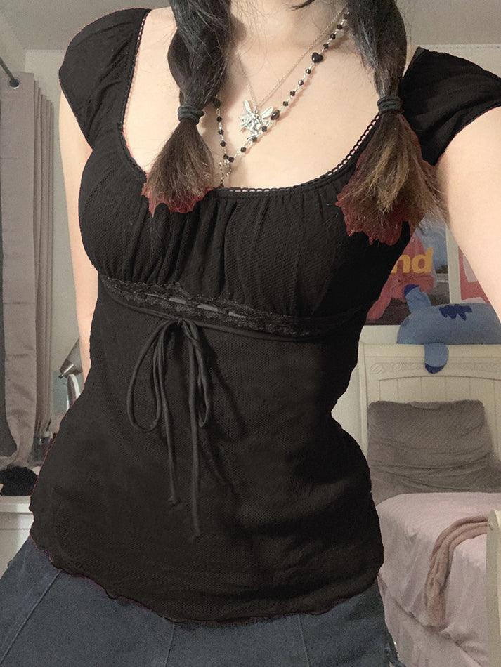Vintage Tie Front Lace Trim Blouse - AnotherChill