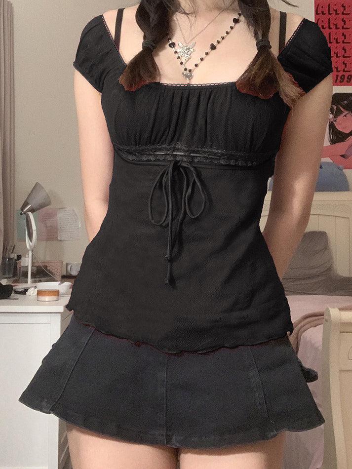 Vintage Tie Front Lace Trim Blouse - AnotherChill